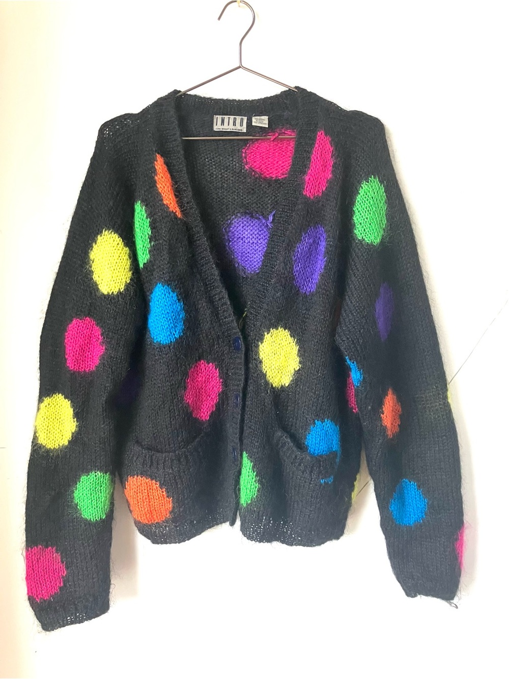 Vintage Black Cardigan with Multicolor Polka Dots